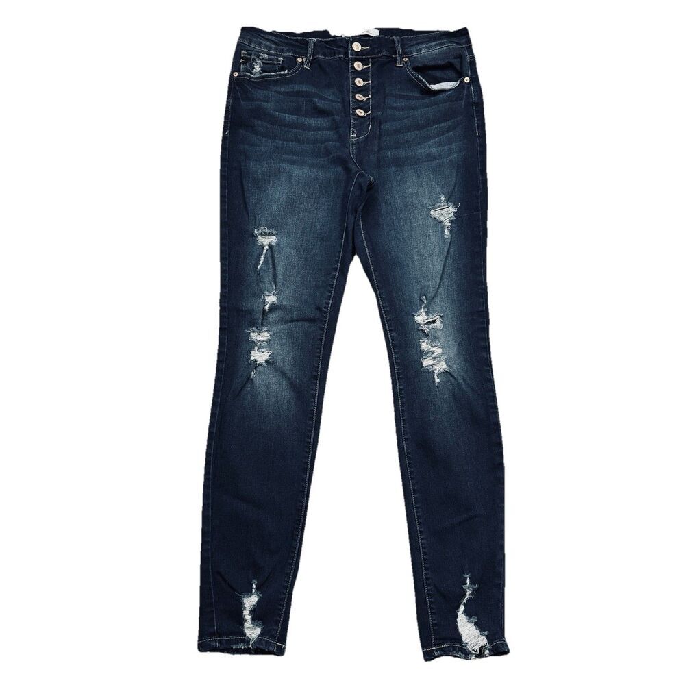 Kancan High Rise Skinny Jeans 15 (33x30.5) Button Fly Blue Distressed Stretch